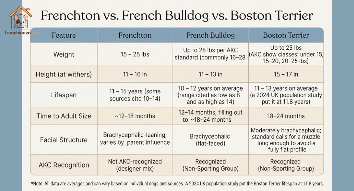 Frenchton vs. French Bulldog vs. Boston Terrier A comparison Chart